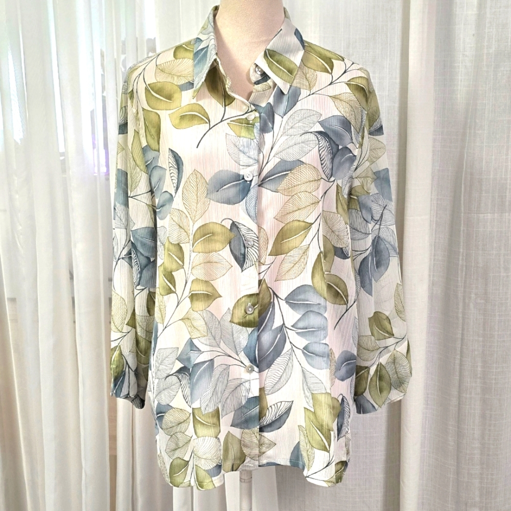Alfred Dunner Pastel Leaf Print Womens Button Down Shirt Size‎ XL